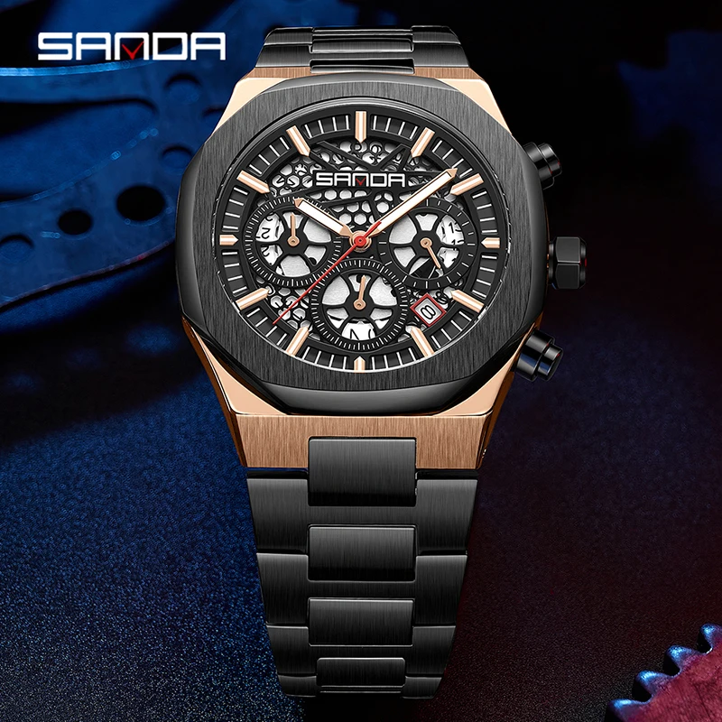 

SANDA Fashion Men's Watch Stainless Steel Strap Quartz Chronograph Function Classic Waterproof Luminous Pointer Calendar Watches