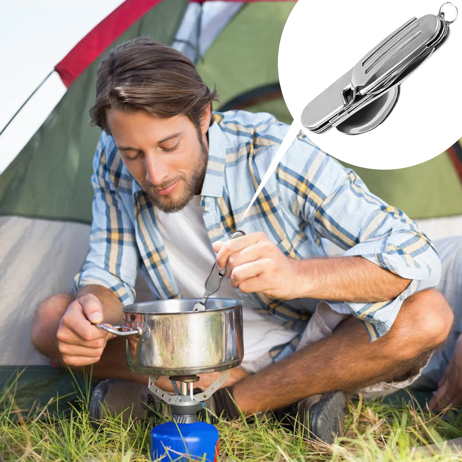 Outdoor Tableware Set 4 in 1 Foldable Camping Cutlery Spoon Fork Knife Bottle Opener