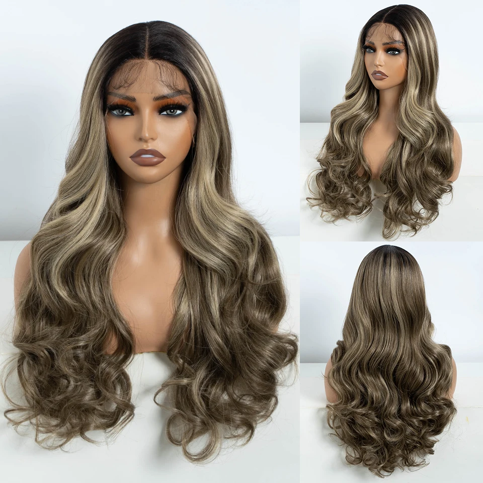 Synthetic Lace Front Wigs Women 24 Inch Long Wavy Ombre Blonde Brown Heat Resistant Cosplay