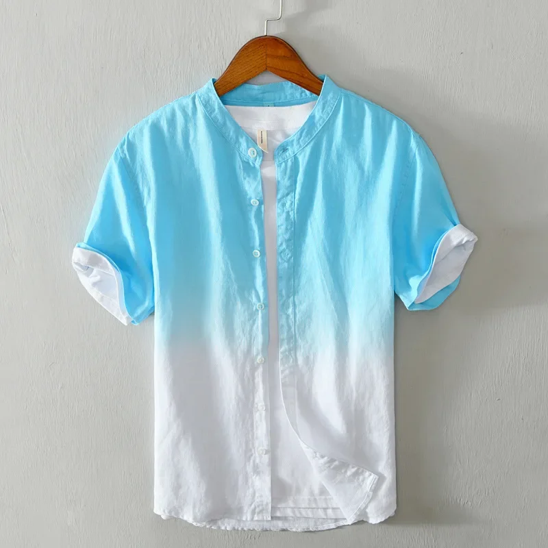 

Casual Pure Linen Thin Short Sleeved Shirt Gradient Color Top Short Shirt for Men and Young People