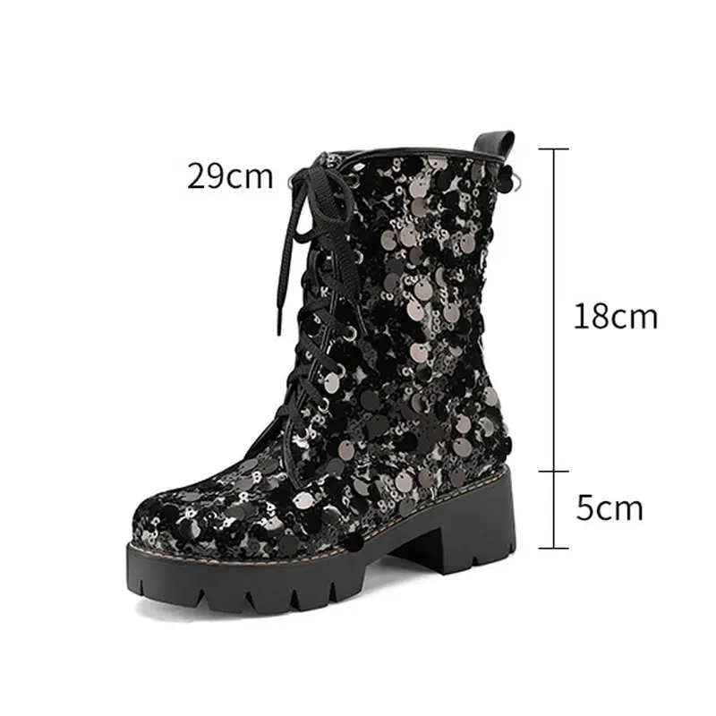 Sweet Lolita Women Mid Calf Boots Girls Lace Up Round Toe Bling Motorcycle Ridding Sequin Booties Thick Chunky Heel Dropship
