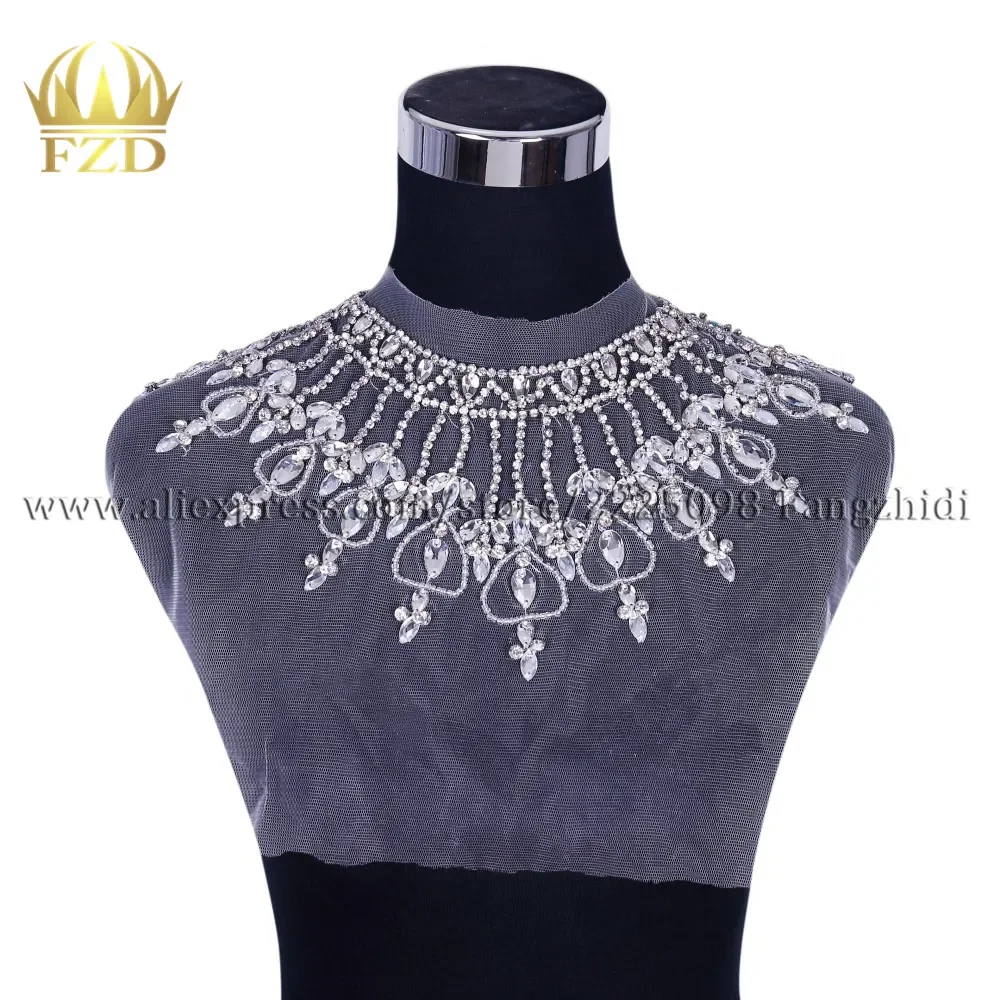 

FZD 1 Piece Bodice Collar Applique Beaded Rhinestone Patches for Wedding Dress DIY Bridal Decoration with Gauze Sparkle