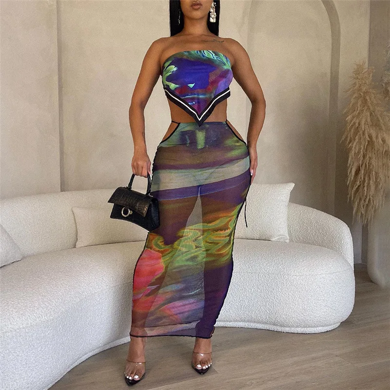 Summer Printed Sheer Mesh Two Piece Set Women Sexy Bandage Strapless Vest Crop Top Hollow Out Lace Up Bodycon Maxi Skirts Suit