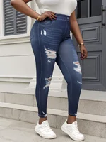 Plus Size Women's Slim Fit Leggings Imitation Jeans Print Faux Broken Hole Design Stretchy Pants Female Casual Knitwear Bottoms - Image 4
