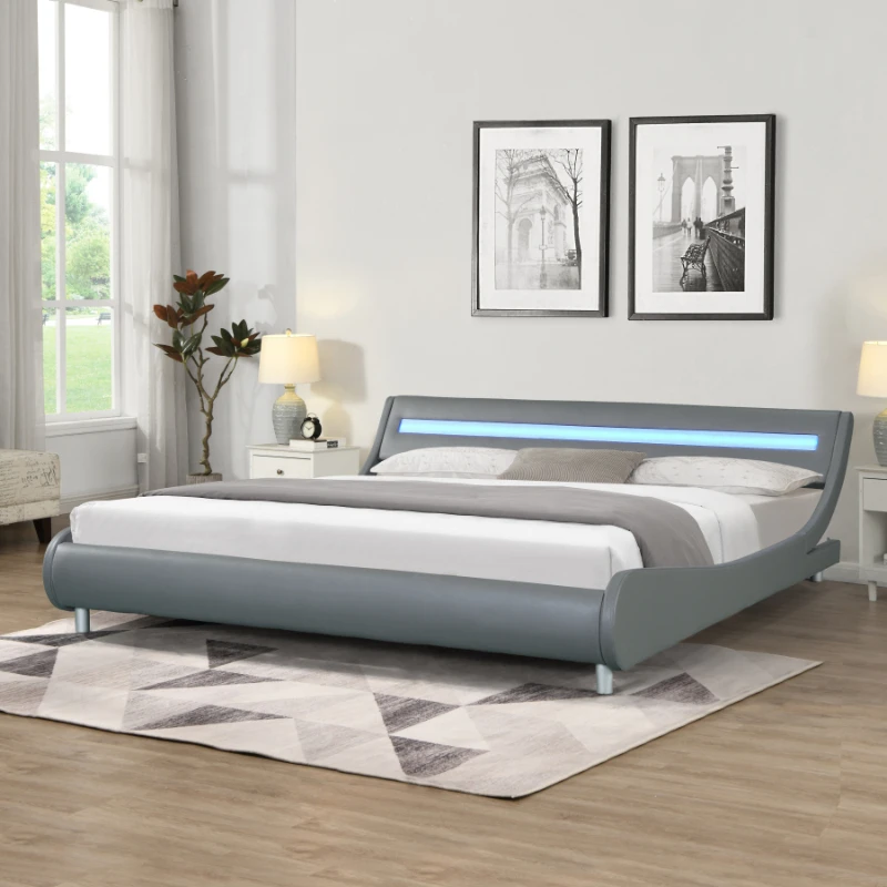 

Faux Leather King Size Upholstered Platform Bed Frame with led lighting , Curve Design, Wood Slat Support,Use For Bedroom