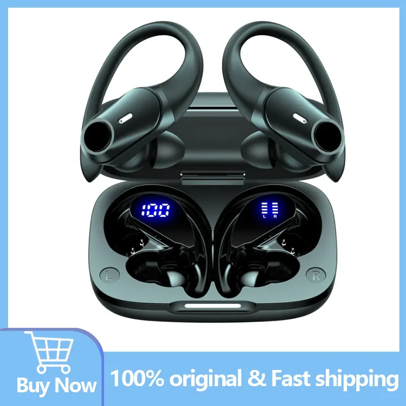 

T59 Wireless Earbuds Digital Display Sports Ear buds with Earhook IPX7 Waterproof Over-Ear Earphones for TV Phone Laptop Black