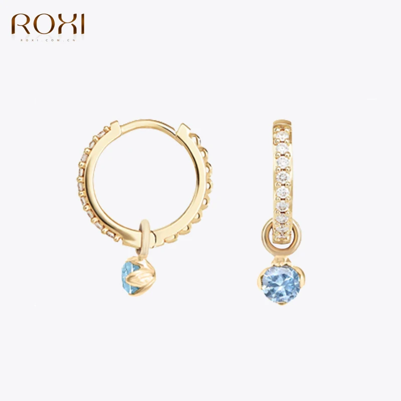 ROXI  컬러 미니 지르콘 매달려 귀 반지 여성용 9mm 귀 버클 Pendientes De Plata 925 Para Mujer