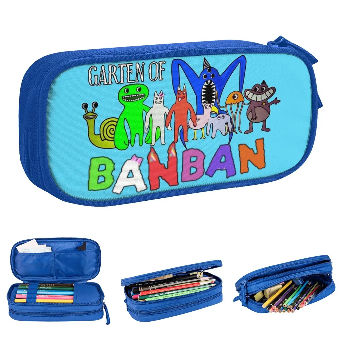 

Large Capacity Pencil Pouch Horror Games Blue Rainbow Friends School Garten of Banban Double Layer Pencilcase Girl Make Up Bag