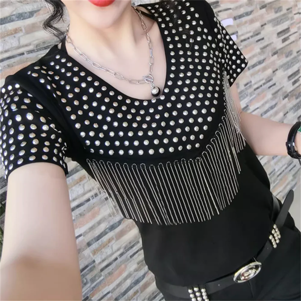 

Футболка с коротким рукавом, Женская свободная модная футболка с заклепками и бахромой, топ для девочек
