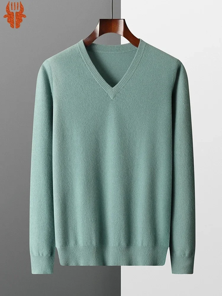 

New Merino Sweater Men's V-neck Pullover Top 2024 Autumn Winter Knitted Casual Loose 100% Pure Wool Jacket
