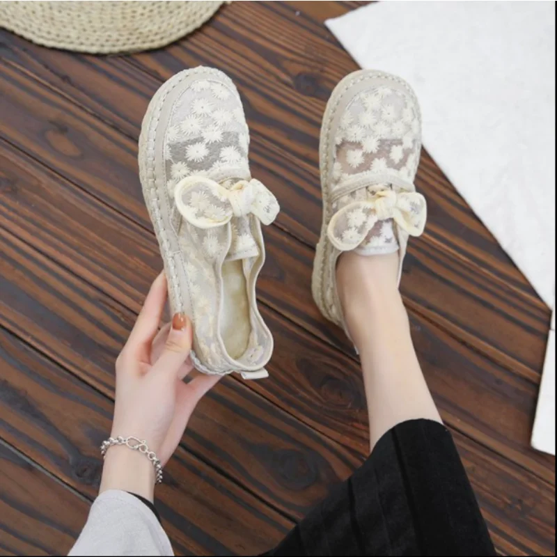 Women's Breathable Mesh Flower Lace Casual Shoes Fashion Flats Shoes Shallow White Loafers 35-40