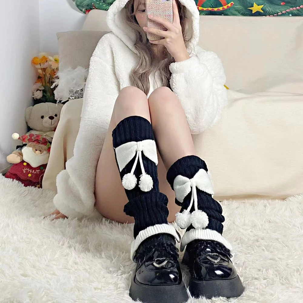 

Harajuku Y2k Girls Bow Knitted Leg Warmers Socks Japanese Lolita Knee High Socks Boot Cuffs Slouch Socks New Year Warm Leg Cover