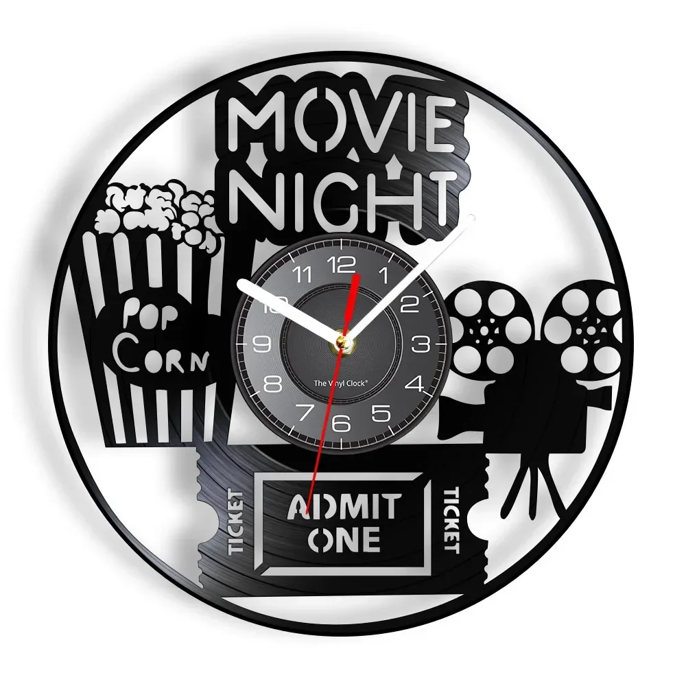 

Movie Night Inspired Vinyl Record Wall Clock Home Cinema Pop Corn Movie Theater Sign Laser Cut Music Album Disk Crafts Clock