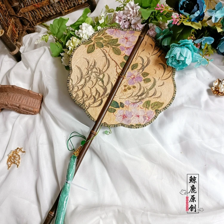 Printed Black Bamboo Long Handle Waist Fan Foldable Rotating Circular Fan Photo Props