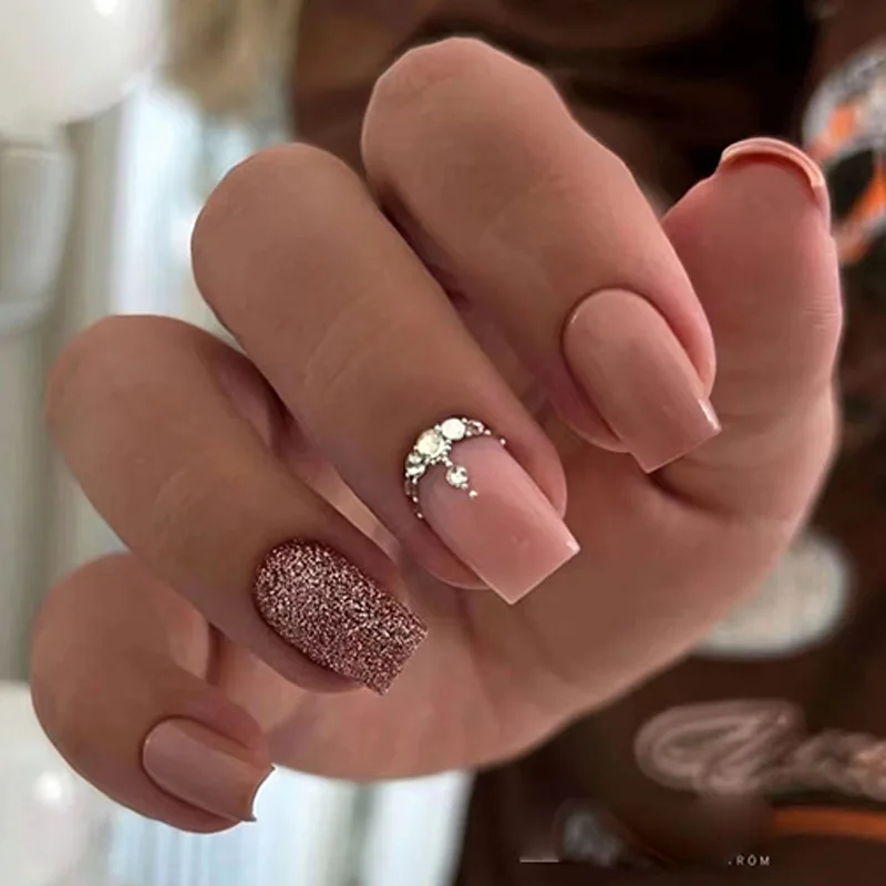 Kurze 24 Stücke Quadratische Kopf Falsche Nägel Glitter Gefälschte Nägel Mit Strass Maniküre Tragbare Ballett Volle Abdeckung Pre_voghion.com