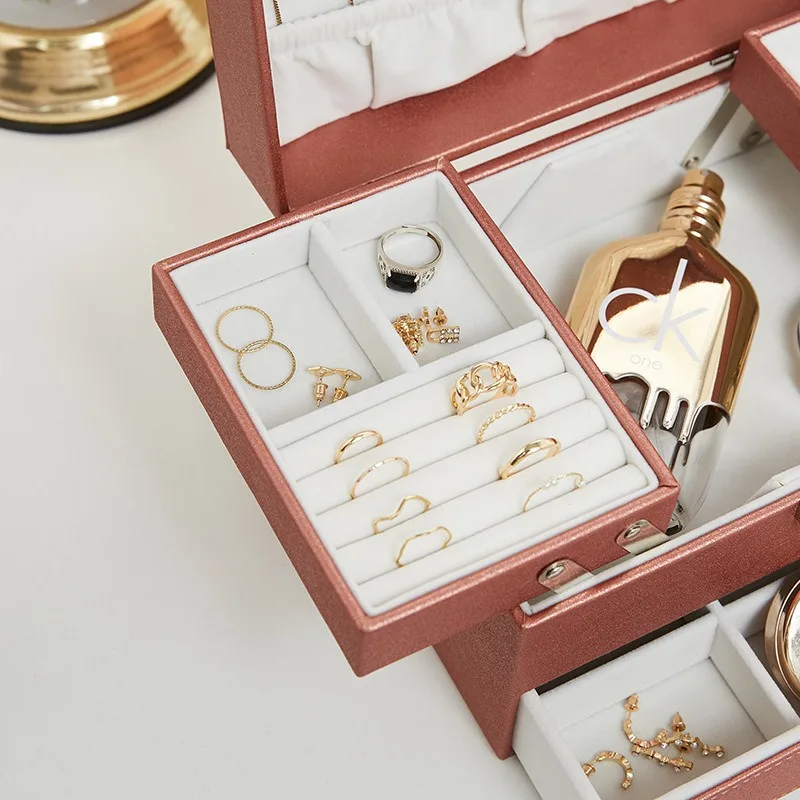 Three-layer Large Portable Jewelry Organize Box PU Earrings Rings Storage Case Necklace Display Gift for Girls Jewelers