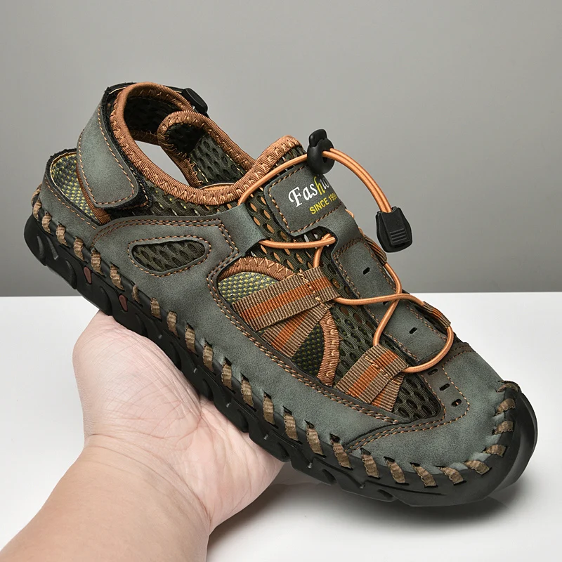 

Genuine Leather Men Summer Sandals Fashion Casual Shoes Slip on Flats Hiking Shoes Walking Beach Sandals Men‘s Wading Outudoor