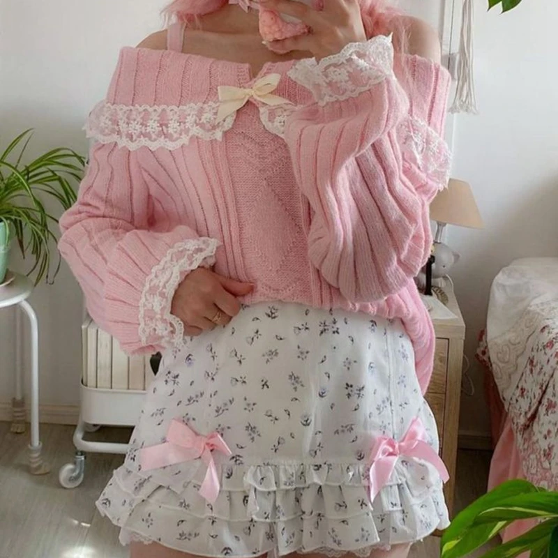 Pretty Cute Outfits Harajuku Cosplay Sweater Kawaii Lace Trim Off Shoulder Pullovers Y2K Aesthetic Vintage Long Sleeve Jumpers 2