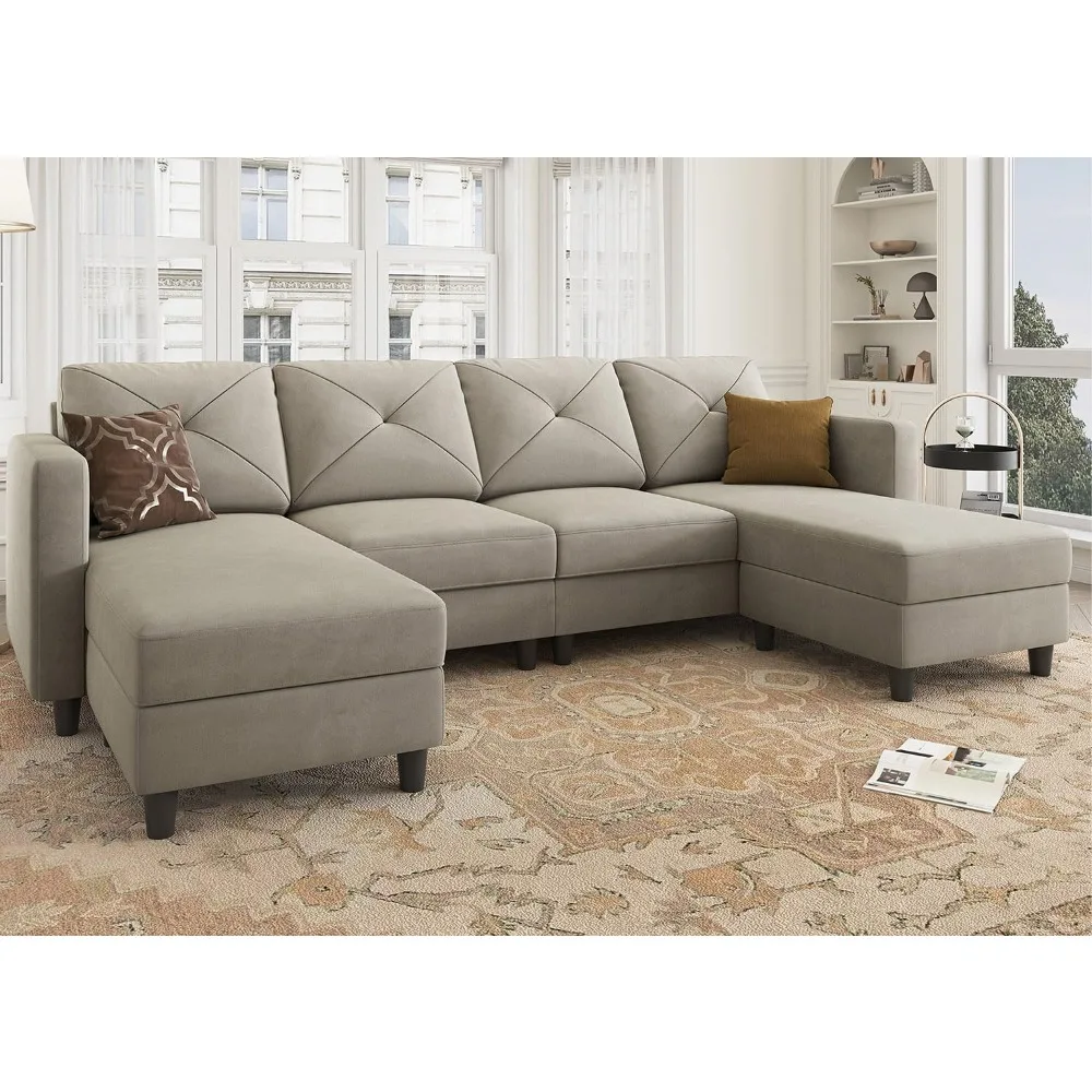 

Convertible Sectional Sofa with Double Chaises for Living Room, Velvet Light Grey, U Shaped Couch 4 Seat Sofa