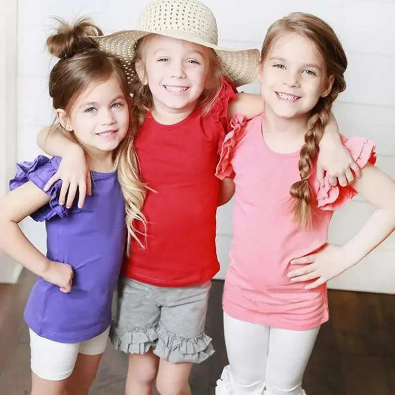 1-6Years Kids Girls Summer T-Shirt Cotton Flying Sleeves T-Shirt Girls Solid Black White Pink Red Tee Tops