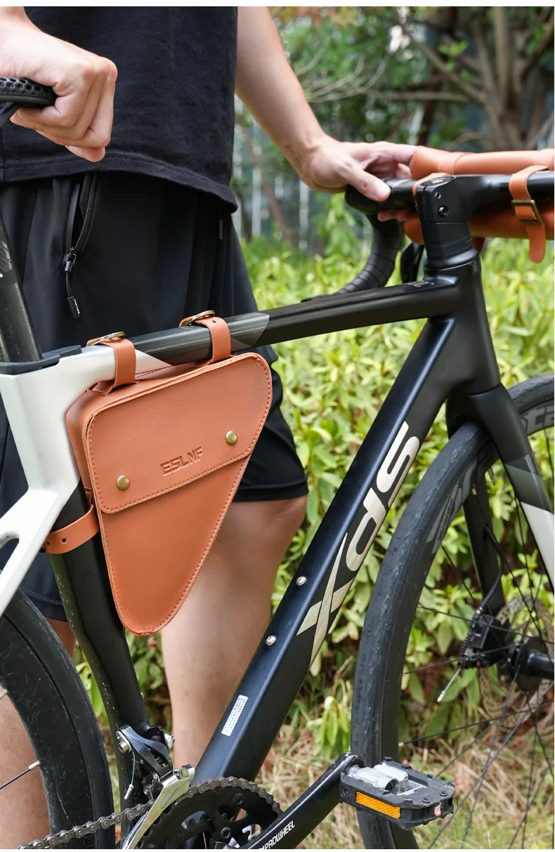 ESLNF Retro Dreieckstasche Fahrrad PU Leder Fahrrad Vorderrahmen Ultraleichter Schlauch Kleines Paket Reparatur Werkzeugtasche Fahrradzubehör – Detail 10