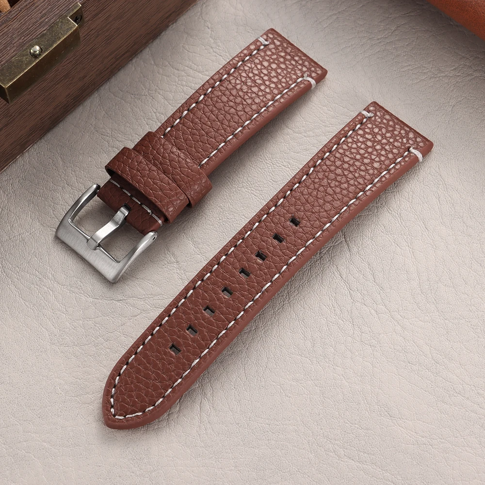 Luxury Lychee Pattern Leather Watch Band - Brown Bracelet with Elegant Stitching