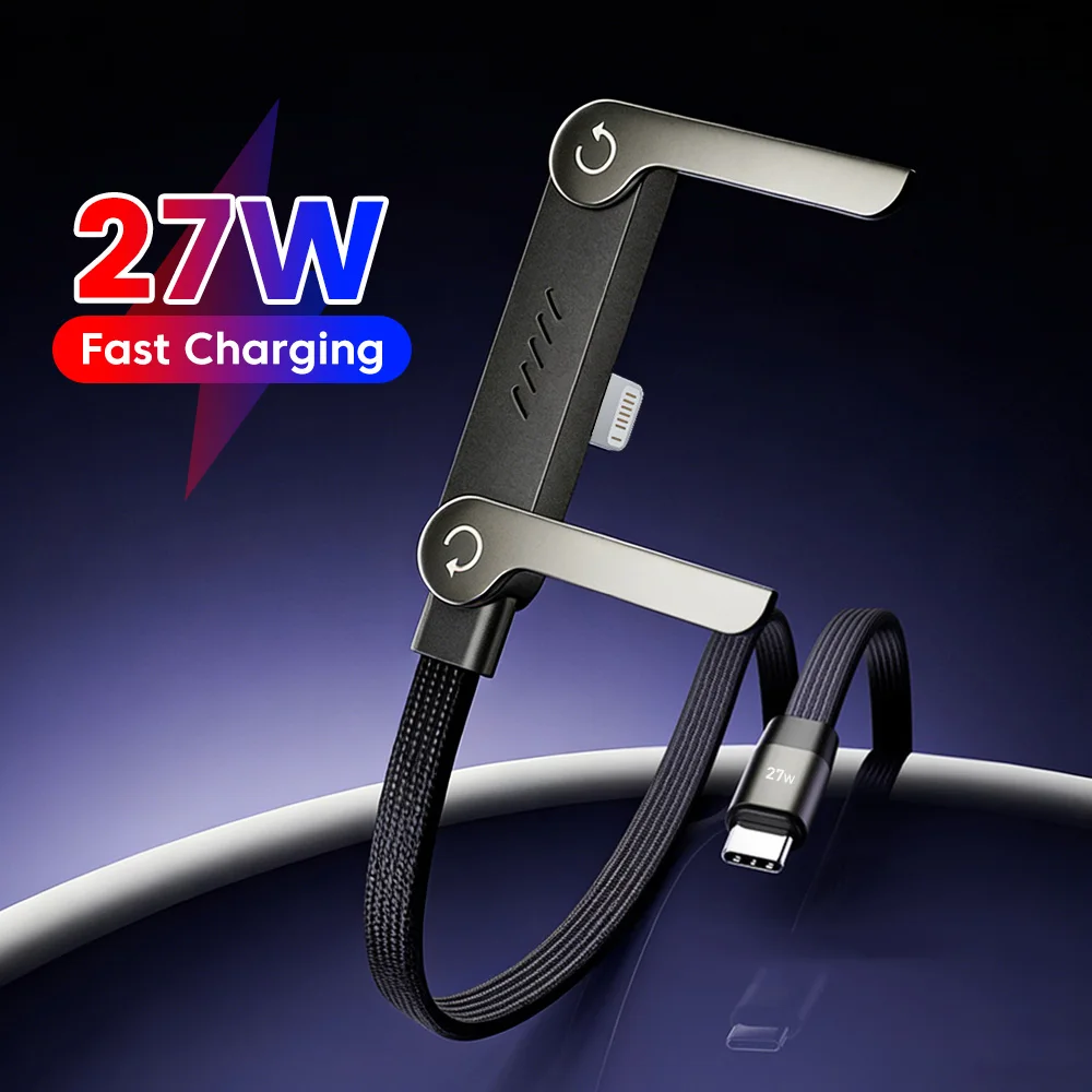 Cabo de Carregamento Rápido 27W PD para Lightning com Suporte Dobrável 2 em 1 Tipo-C para Lightning para iPhone 14 13 12
