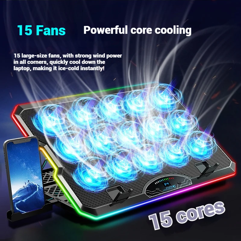 COOLCOLD F15 Gaming RGB Laptop Cooling Pad 15 Quiet Fans For 12-17.3 Inch With USB TYPE-C Port Notebook Cooler Stand_voghion.com