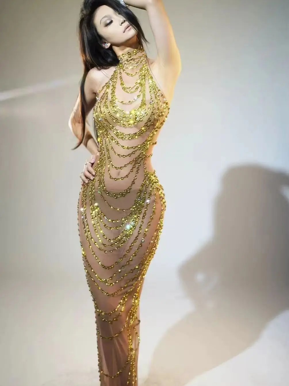STOCK Sparkly Gold Rhinestones Short Dress for Women Sexy Mesh See