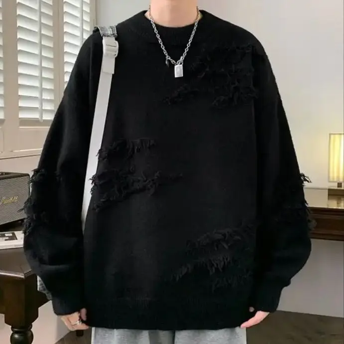 Fashion Solid Autumn Winter Loose Long Sleeve T-shirt Men Pullover Soft Solid Patchwork Irregular Pattern Sweater Warm