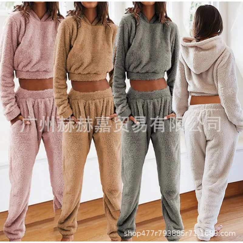 

Womens Hooded Top Cashmere Set Winter Two-piece Pajamas Loungewear Women