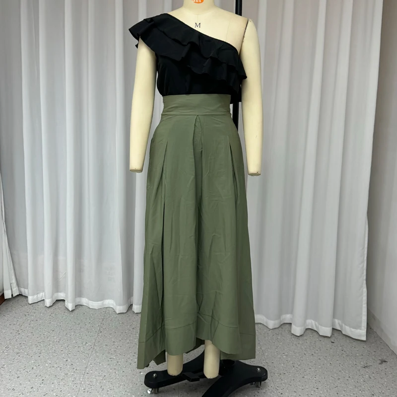 Wefads 2 Piece Set Summer Elegant Fashion One Shoulder Ruffled Sleeveless Irregular Pullover Top Loose Long Skirt Set Streetwear