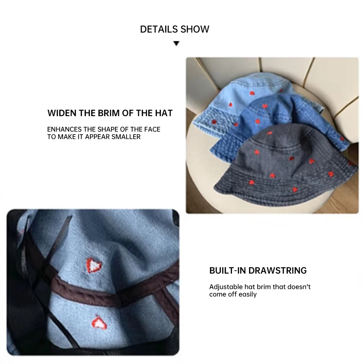 Women's Japanese-Style Denim Bucket Hat with Large Head Circumference, Sunshade and Sun Protection, Versatile, Face-Slimming, Trendy, Fashionable, Youthful, Cute, Embroidered