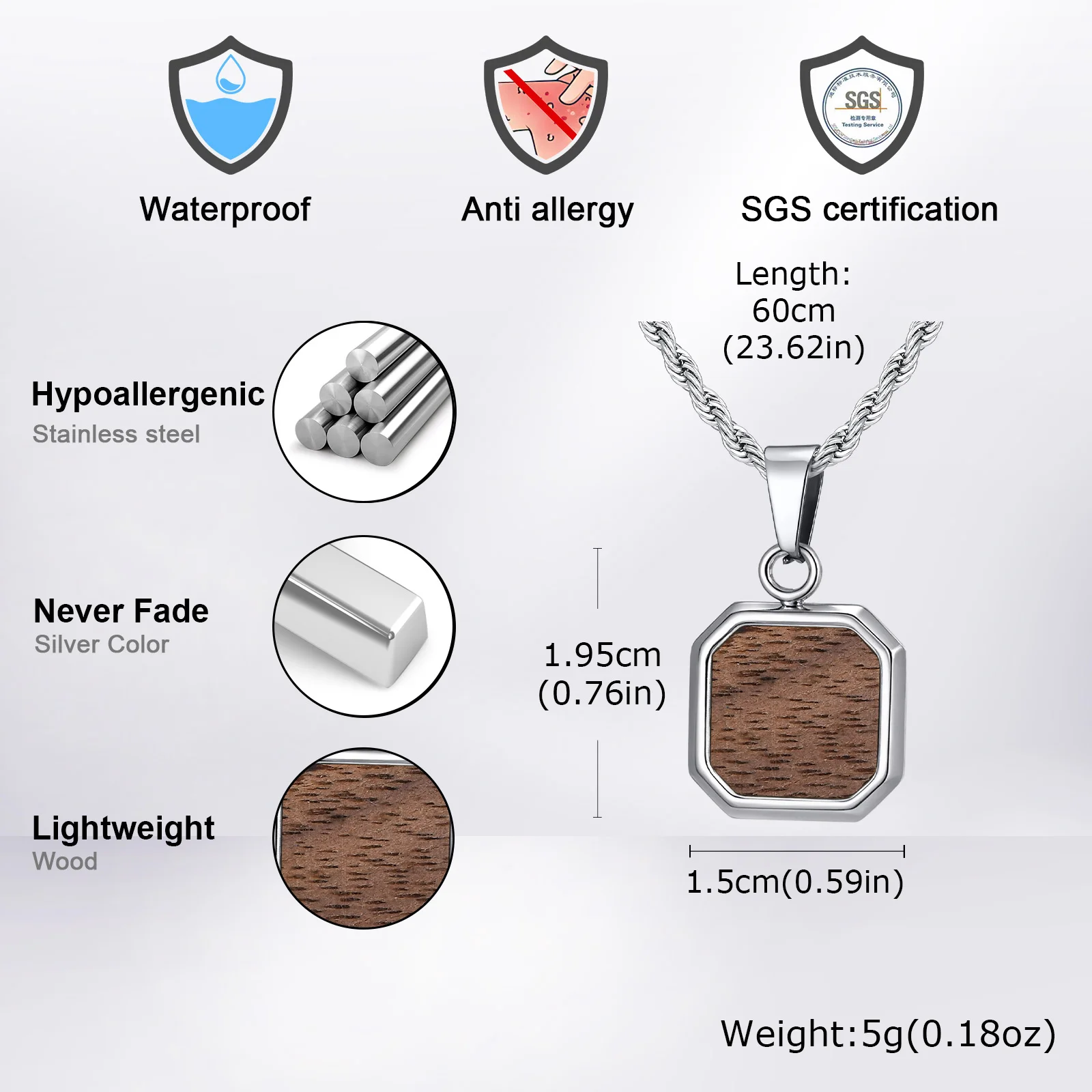 Minimalist Brown Square Pendant Necklace for Men,Wateproof Natural Wood Necklace with Twistd Chain,Vintage Jewelry Gift