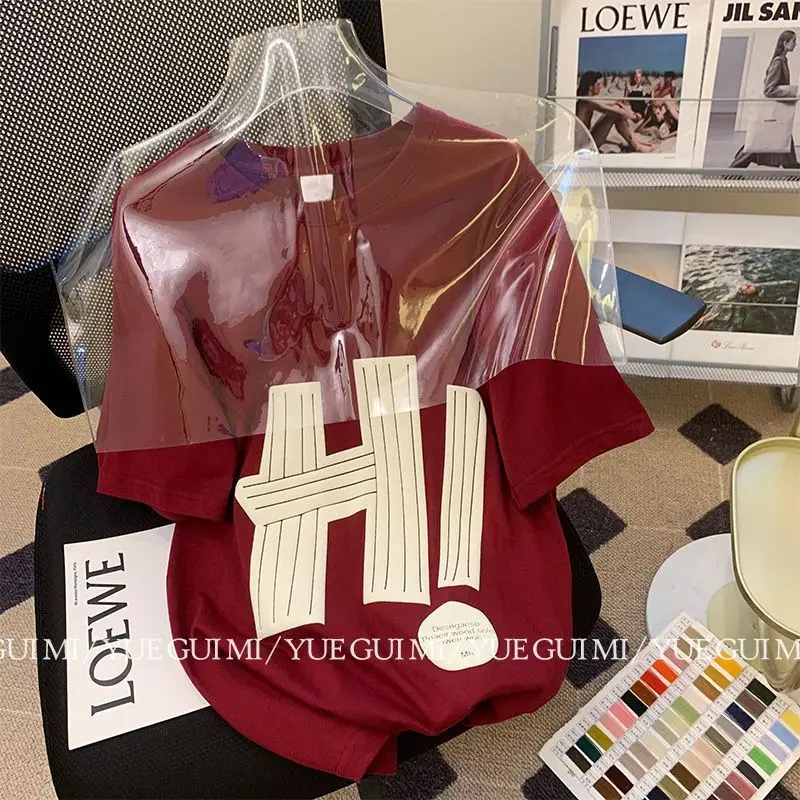 

Large Size Red Printed Short Sleeve T-shirt Women's Summer New Niche Design Sense Fashion Female Loose Cotton Top