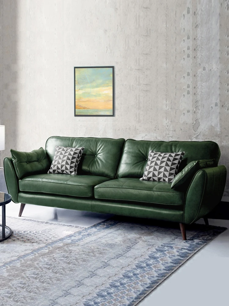 

Nordic Genuine Leather Sofa Small Apartment Living Room Office Clothing Store Modern Simple Dark Green Oil Wax Leather