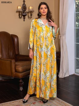 Abayas For Women Saudi Arabia Elegant Floral Print Long Dresses Diamonds V Neck Kaftan Dubai