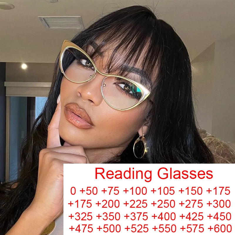 Gafas de lectura de media montura para mujer, transparentes doradas, estilo ojo de gato, a la moda, sexys, con marco de Metal y luz azul + 1,75 - AliExpress