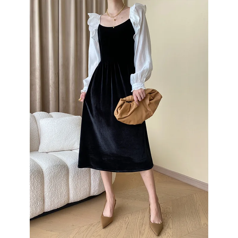 

French Elegant Square Collar Velvet Black Dress Bubble Long Sleeve Stitching Sweet Vintage Loose Elastic Koreachic Dresses 1698