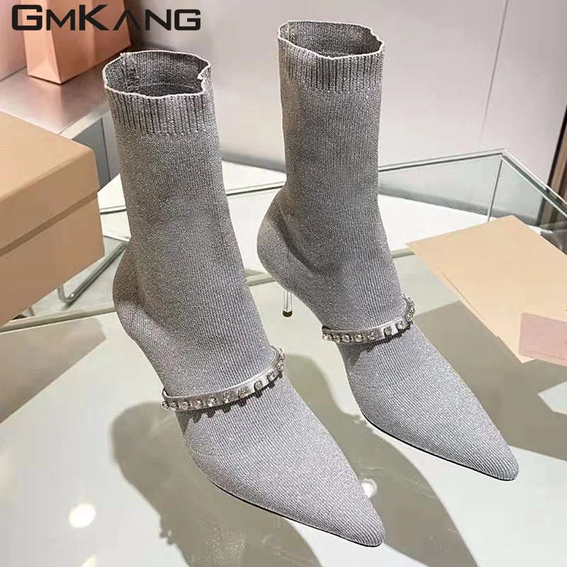 Runway High Heel Knit Boots Women Black Silver Stretch Sock Boots Rhinestone Wedding Shoes Women Stiletto Modern Boots Woman