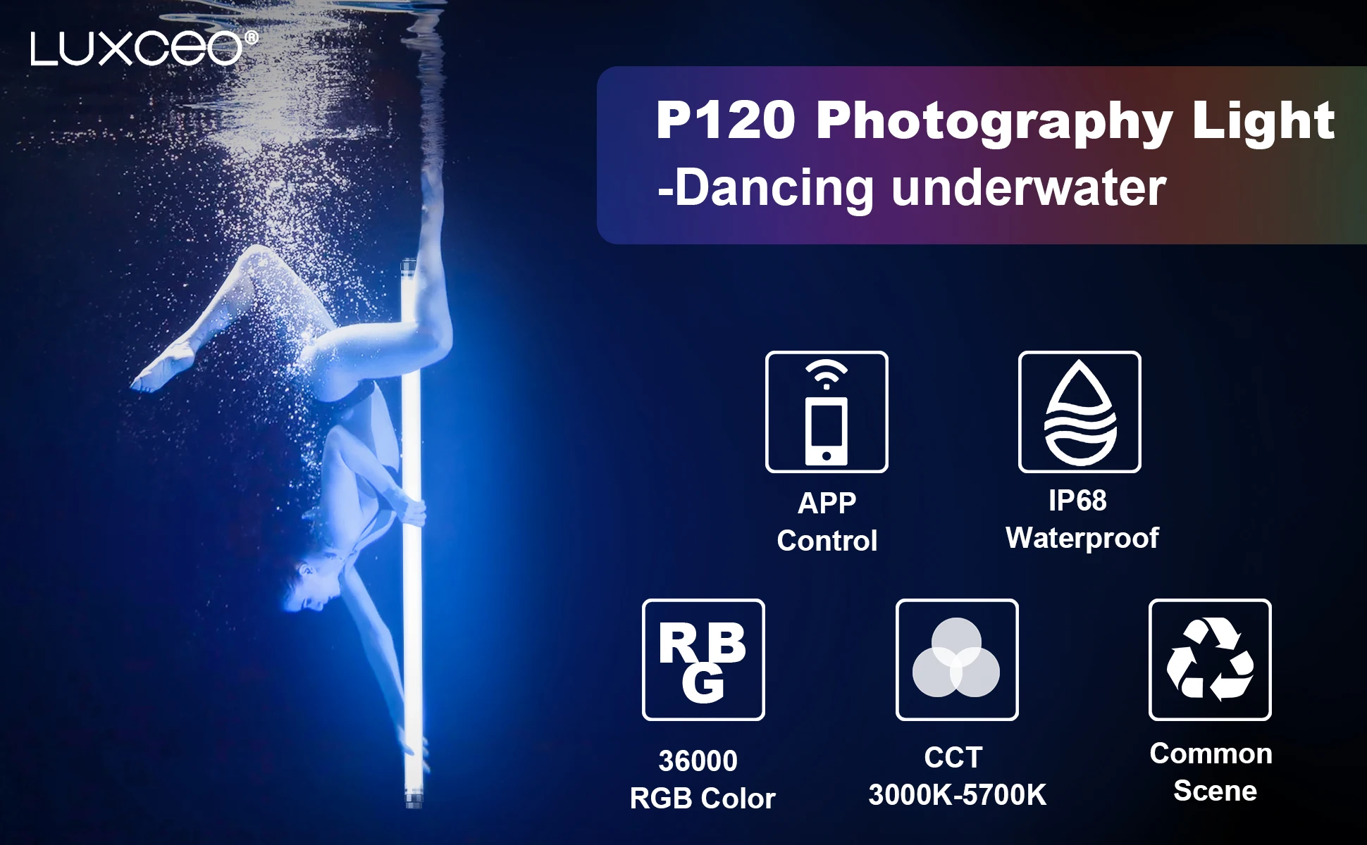 LUXCEO P120 4FT 1.2m LED Photography Light IP68 Waterproof with APP Control Built-in Battery 10400mAh RGB Video Light Filmlight led light for photography