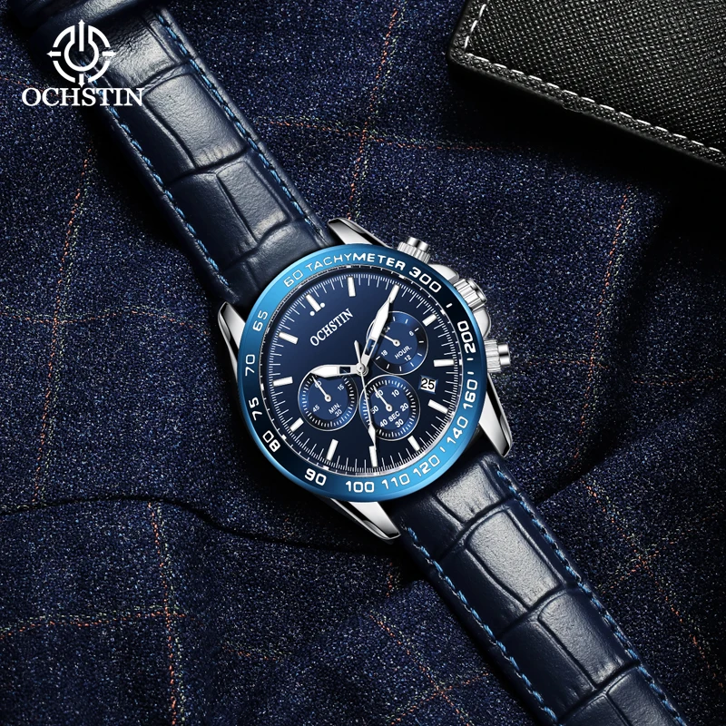Men's Fashion Watch Luxury Black leather Quartz watch Men's Business Watch Men's Calendar Clock OCHSTIN