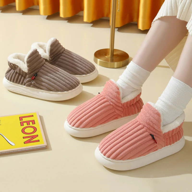 Winter warme Hausschuhe für Damen und Herren, dickes Plüschfutter, rutschfest, gemütliche Baumwollschuhe, Damen-Hausschuhe aus Cord mit weicher Sohle – Detail 3