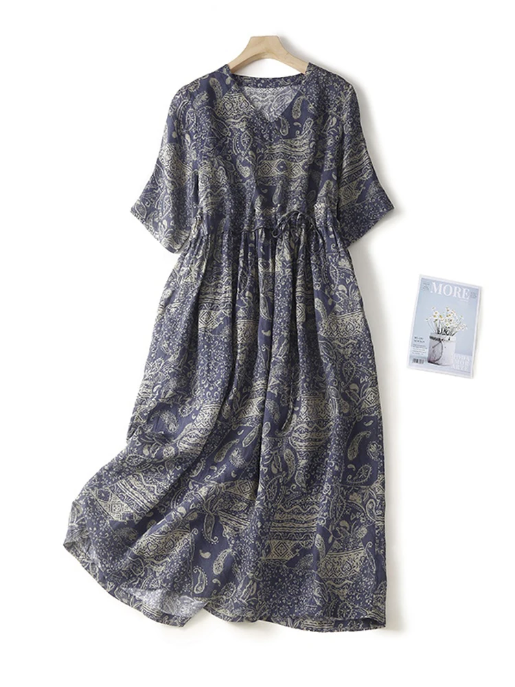 

Blue and White Porcelain Style Print Women Dress Summer Short Sleeve V-Neck Casual Loose Office Ladies Elegant Cotton Dresses