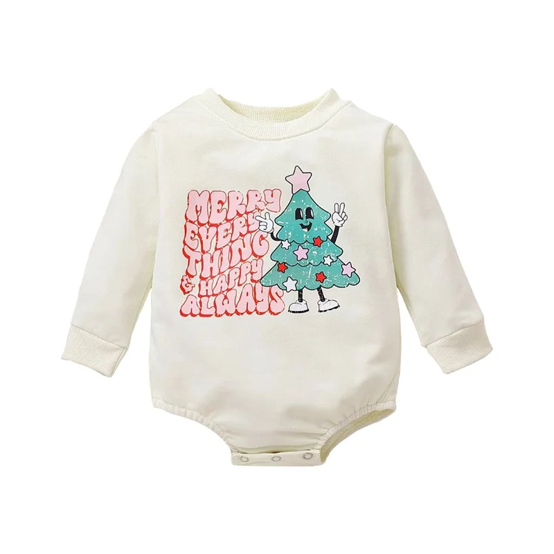

Baby Girl Boy Romper, Long Sleeve Round Neck Christmas Tree Letters Print Buttons Decoration Spring Short Jumpsuit