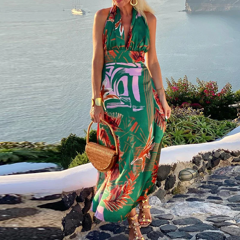 

Casual Vocation Waist Beach Dresses 2yk Clothes Summer Banquet Backless Party Dress Women Sexy V-neck Halter Printed Long Dress