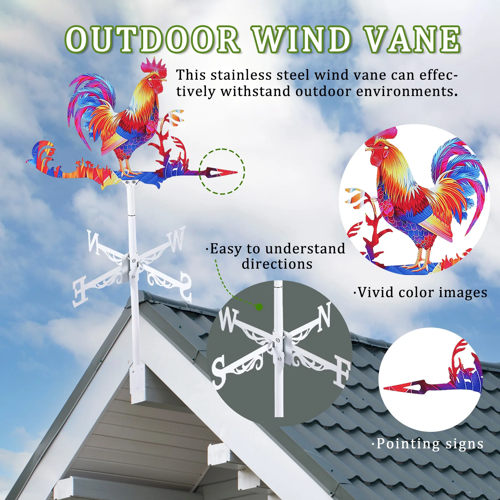 Stainless Steel Rooster Wind Vane for Garden Decoration