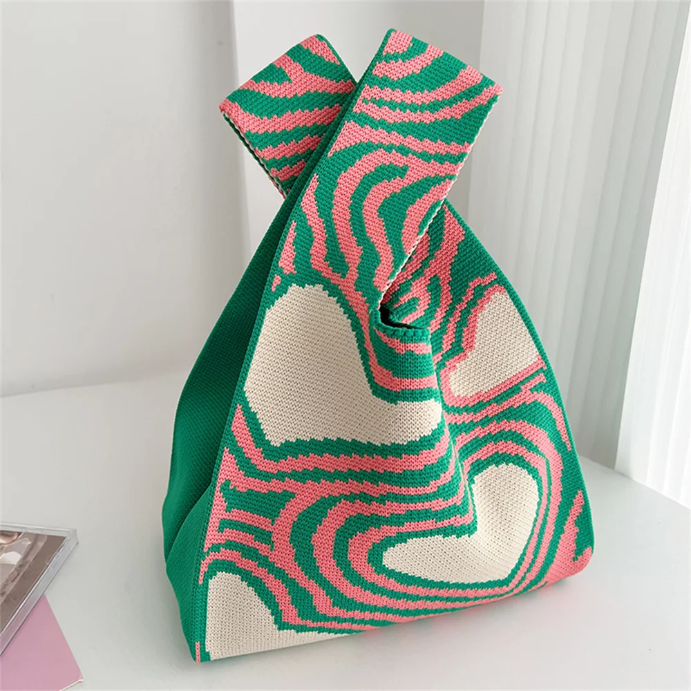 

Korean Heart Color Contrast Handbag Knitted Women'S Bag Temperament Woven Tote Bag Key Phone Pouch Portable Lightweight Purse