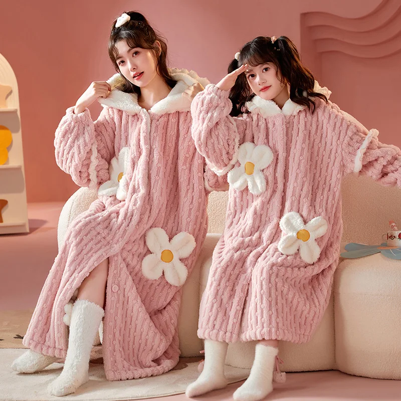 Kids Coral Velvet Bathrobe Baby Girls Cartoon Fleece Pajamas