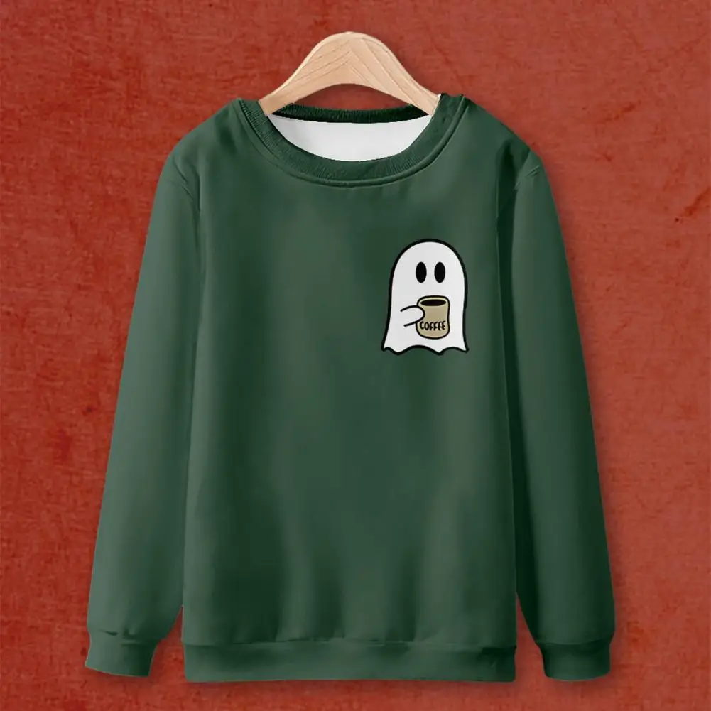 

Soft Men Sweatshirt Cozy Unisex Fall Winter Sweatshirt Thick Cartoon Ghost Print Loose Fit Mid Length Pullover for Couples